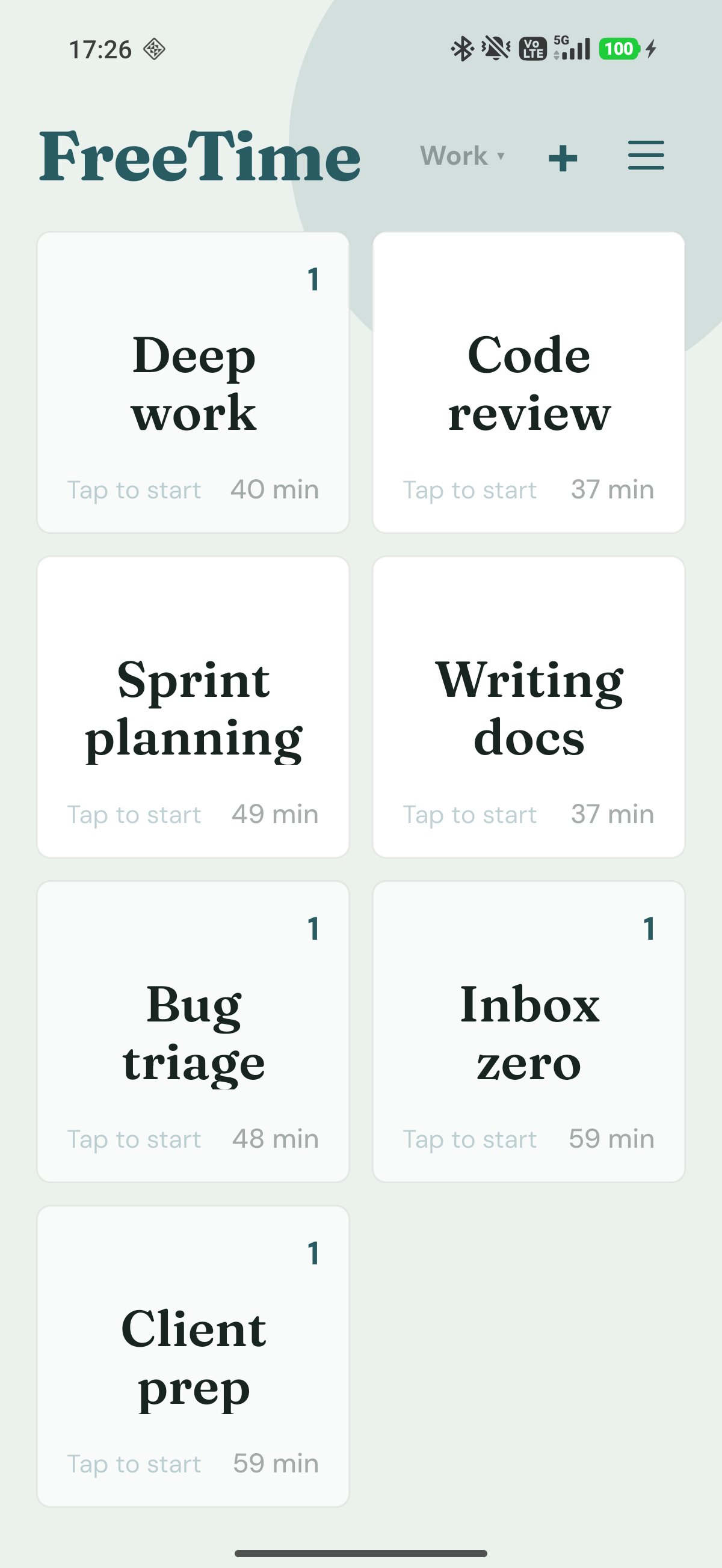 Home screen with task buttons